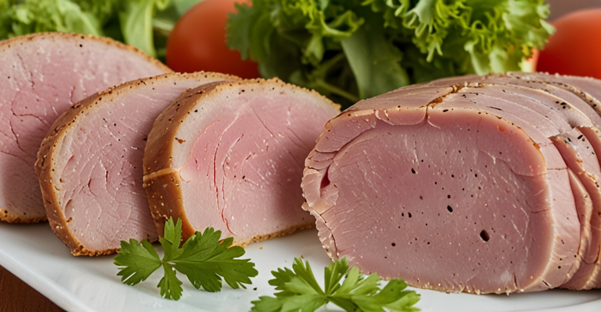 Variety of lunch meats including turkey, ham, salami, and roast beef served with cheese and garnishes on a rustic wooden platter