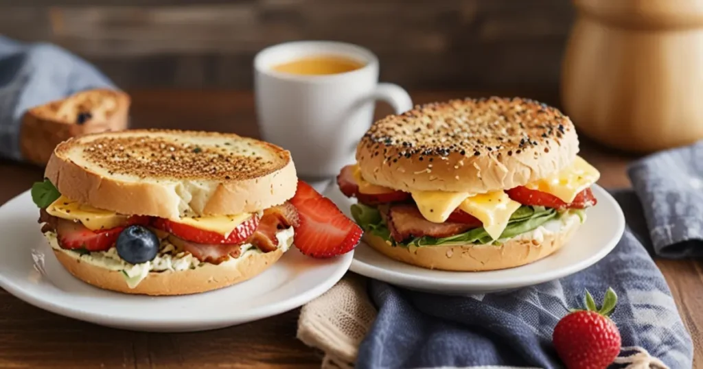 Two breakfast bagel sandwiches with cheese, bacon, and fresh vegetables, served on white plates with strawberries and blueberries on the side, and a steaming cup of coffee in the backgroundTwo breakfast bagel sandwiches with cheese, bacon, and fresh vegetables, served on white plates with strawberries and blueberries on the side, and a steaming cup of coffee in the background