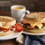 Two breakfast bagel sandwiches with cheese, bacon, and fresh vegetables, served on white plates with strawberries and blueberries on the side, and a steaming cup of coffee in the backgroundTwo breakfast bagel sandwiches with cheese, bacon, and fresh vegetables, served on white plates with strawberries and blueberries on the side, and a steaming cup of coffee in the background