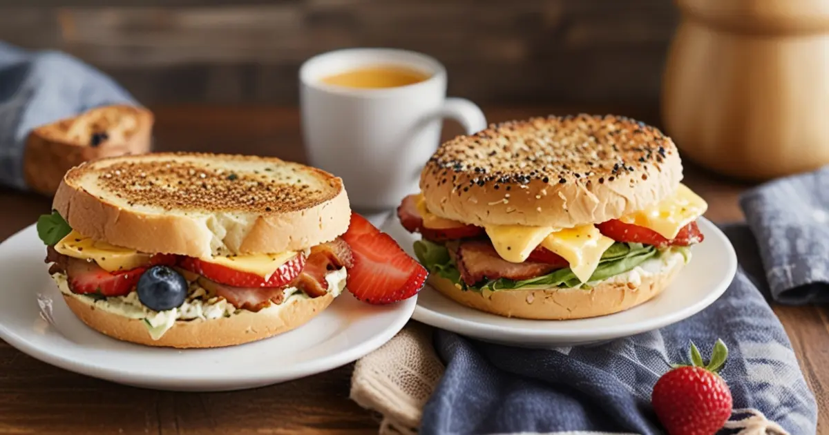 Two breakfast bagel sandwiches with cheese, bacon, and fresh vegetables, served on white plates with strawberries and blueberries on the side, and a steaming cup of coffee in the backgroundTwo breakfast bagel sandwiches with cheese, bacon, and fresh vegetables, served on white plates with strawberries and blueberries on the side, and a steaming cup of coffee in the background