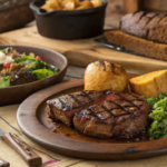 A rustic Western meal featuring a grilled steak with crisscross sear marks, a baked potato, golden cornbread, and fresh green salad served on a wooden plate, set on a wooden table with a cozy log cabin backdrop.