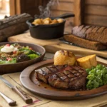 A rustic Western meal featuring a grilled steak with crisscross sear marks, a baked potato, golden cornbread, and fresh green salad served on a wooden plate, set on a wooden table with a cozy log cabin backdrop.