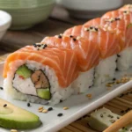 Gourmet Salmon-Topped Sushi Roll: A Feast for the Eyes and Taste Buds