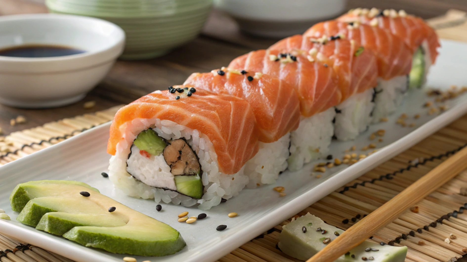 Gourmet Salmon-Topped Sushi Roll: A Feast for the Eyes and Taste Buds