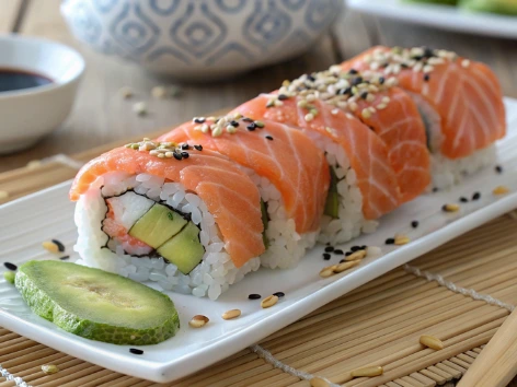 Gourmet Salmon-Topped Sushi Roll: A Feast for the Eyes and Taste Buds

