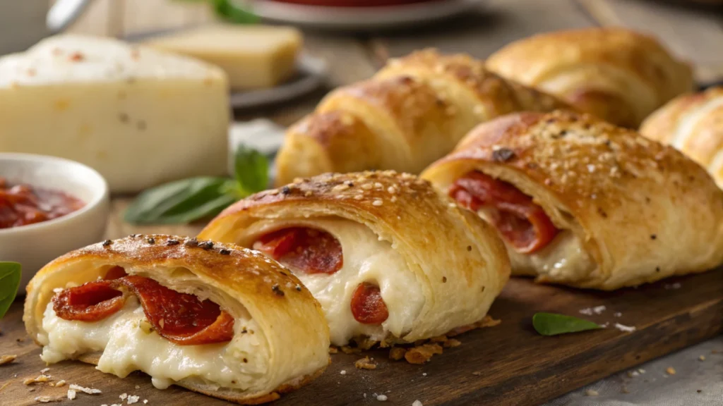 Flaky Mozzarella Pepperoni Croissant Rolls with Marinara Dip