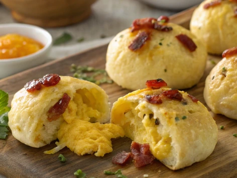 Golden Cheesy Egg and Bacon Breakfast Biscuit Bombs on a Plate