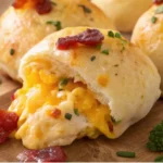 Cheesy Egg and Bacon Breakfast Biscuit Bombs with Fresh Garnish.