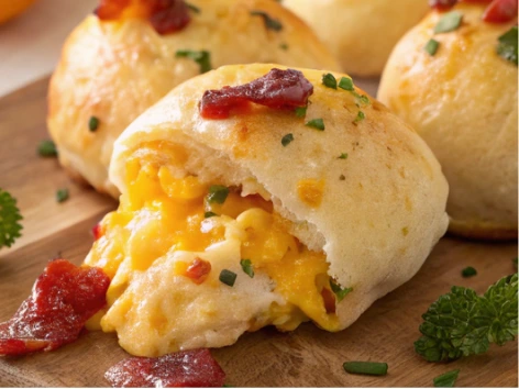 Cheesy Egg and Bacon Breakfast Biscuit Bombs with Fresh Garnish.