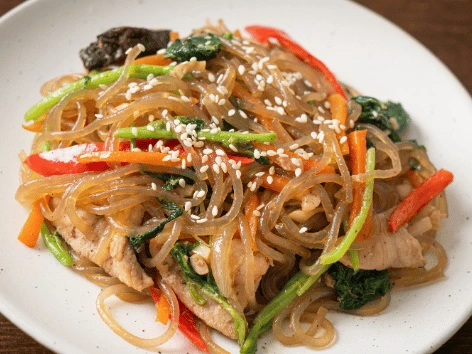 Japchae Noodles Recipe: Simple Korean Glass Noodles with Veggies.