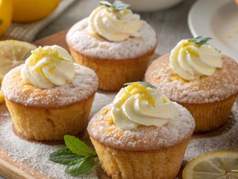 Lemon Cream Cheese Muffins on a Plate with Lemon Slices