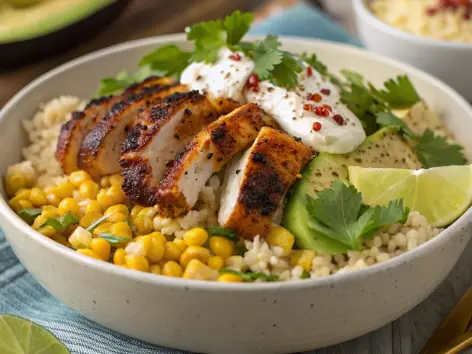 Street Corn Chicken Rice Bowl with 7 Explosive Flavor Combinations