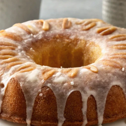 Slice of Glazed Buttermilk Donut Cake with Vanilla Glaze