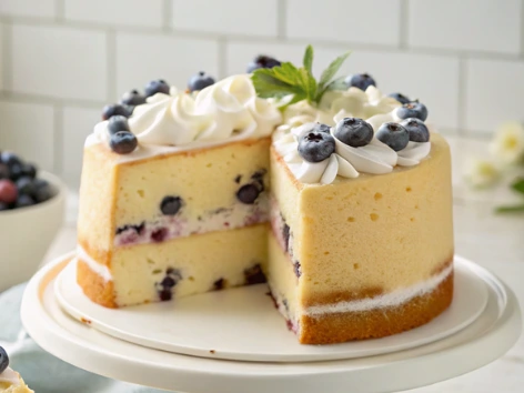 Close-up of blueberry chiffon cake texture with whole blueberries inside