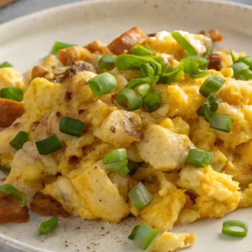 Homemade Cheesy Potato Egg Scramble
