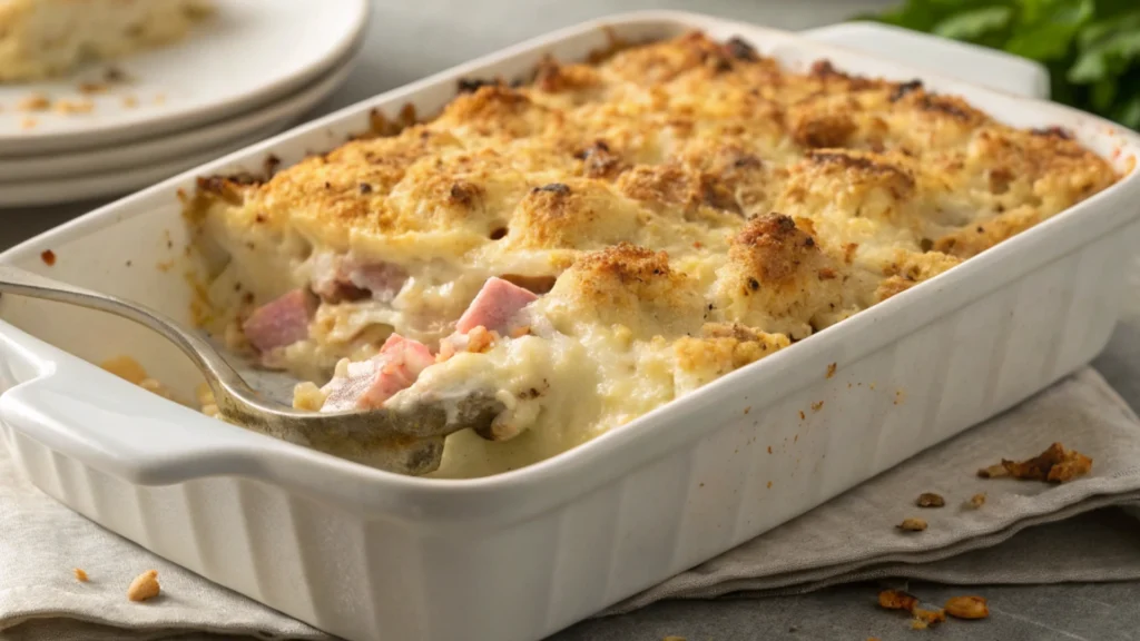 Assembling Chicken Cordon Bleu Casserole layers
