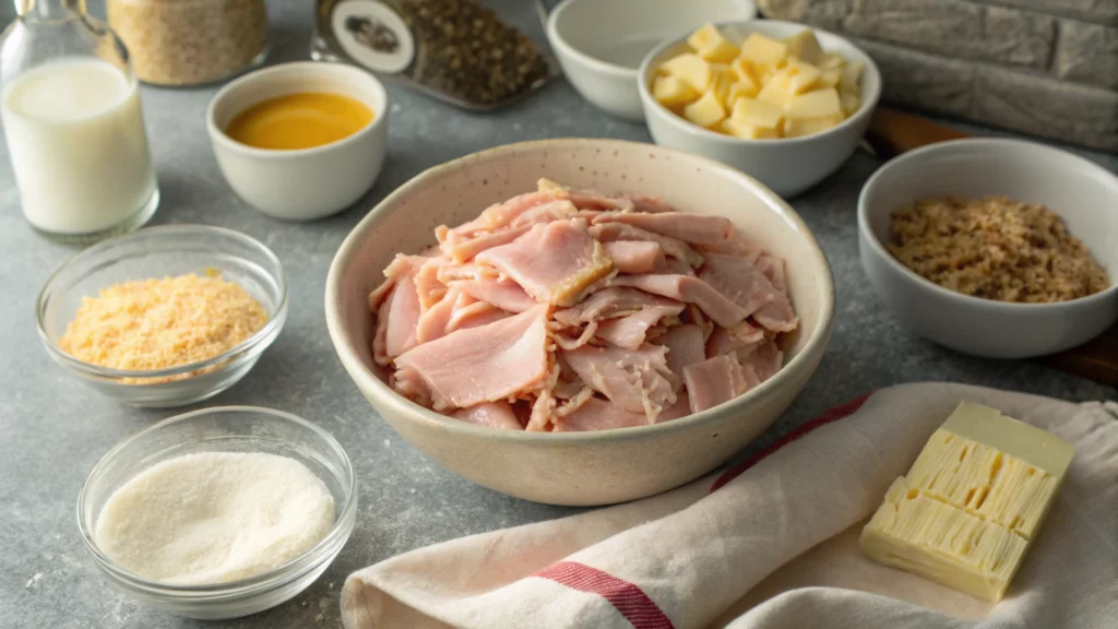 Chicken Cordon Bleu Casserole ingredients laid out