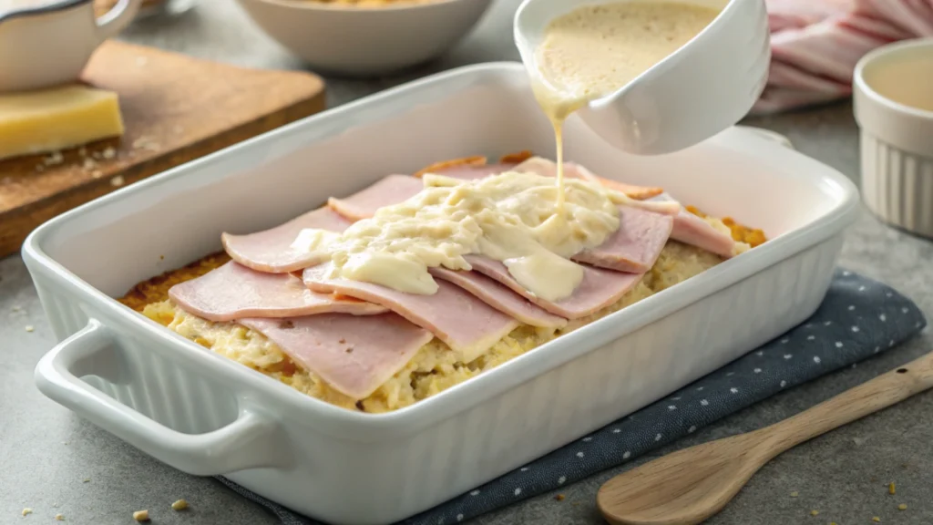 Making creamy Dijon sauce for Chicken Cordon Bleu Casserole