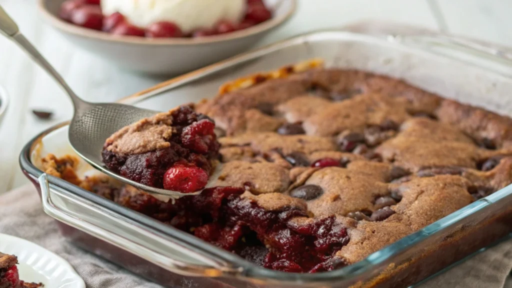 A close-up of chocolate cherry dump cake​ with bubbling cherry filling and a crispy chocolate topping