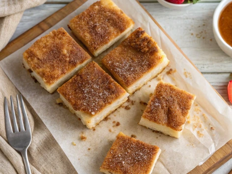 Churro cheesecake bars on a serving plate with powdered sugar.
