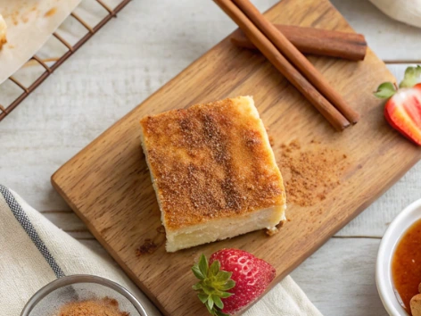 Overhead shot of a churro cheesecake recipe in a baking dish.
