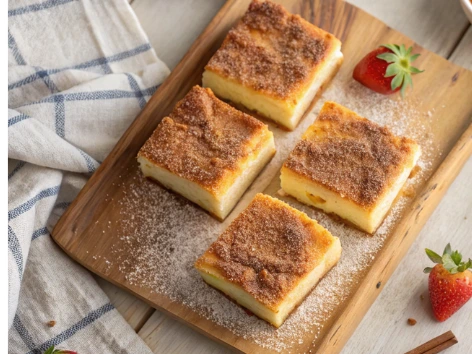 Sliced churro cheesecake bars with caramel drizzle and strawberries.