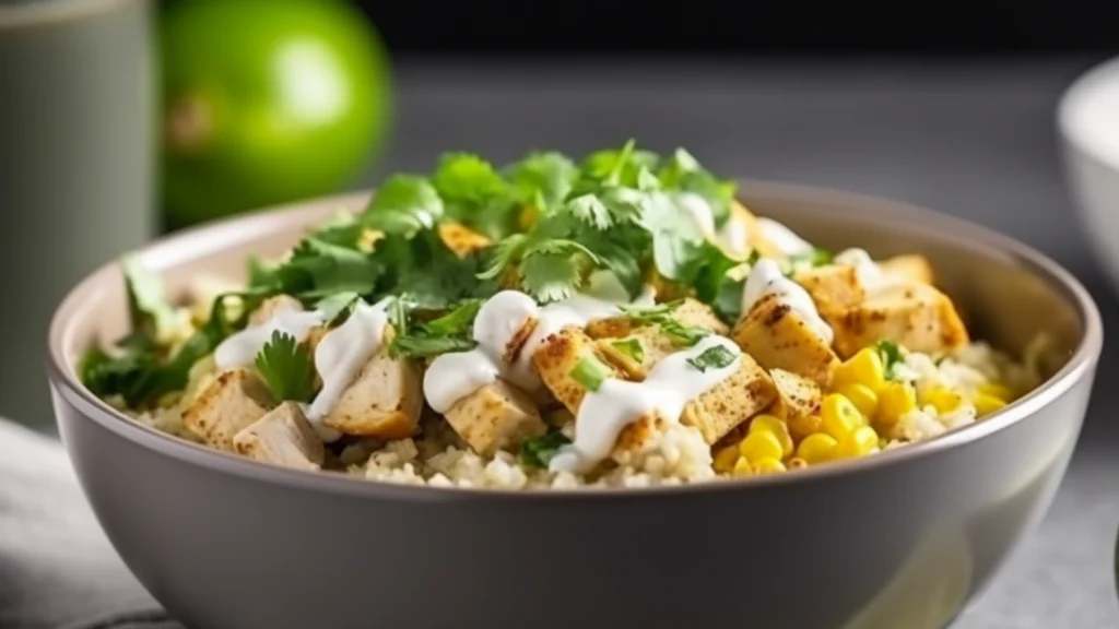 Flavor-packed Street Corn Chicken Rice Bowl served with lime wedges and cilantro