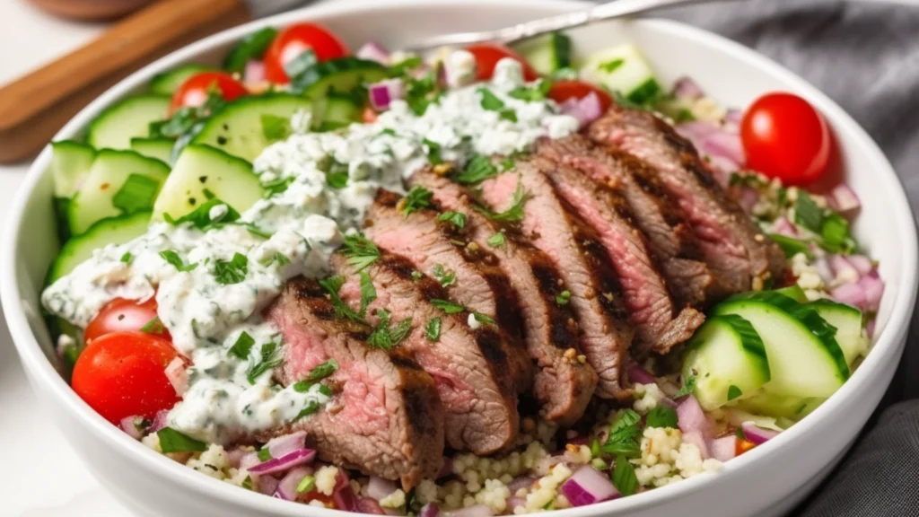 Delicious Mediterranean Steak Bowls with Rice and Tzatziki