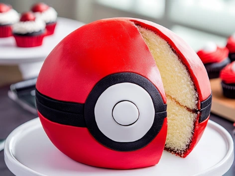 Sliced Pokéball cake showing vanilla layers.