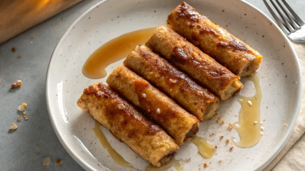 Sausage French Toast Roll-Ups on a breakfast plate