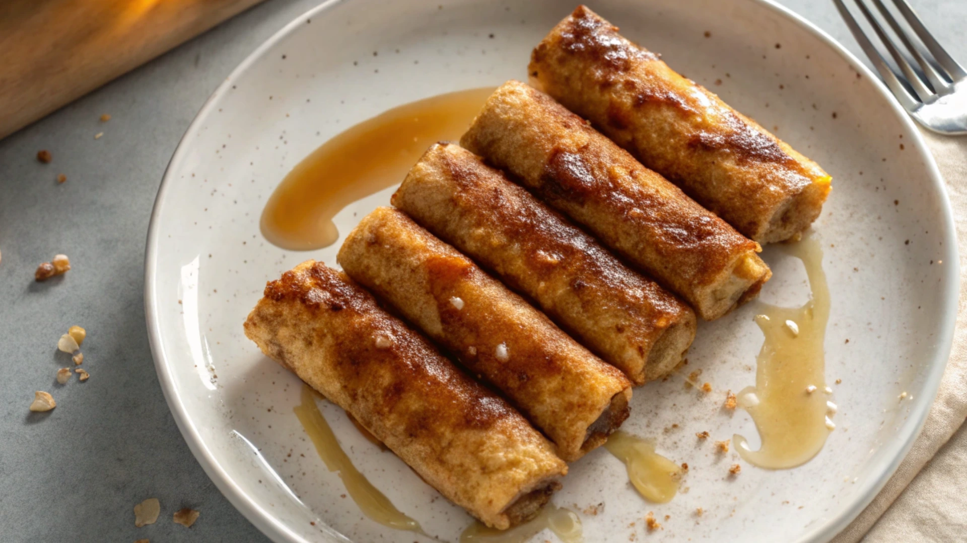 Sausage French Toast Roll-Ups on a breakfast plate