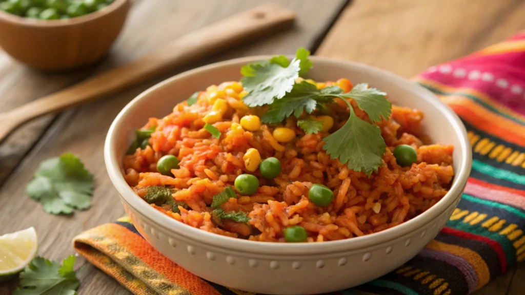 Mexican rice recipe with tomato bouillon in a serving bow