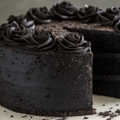 Sliced Black Velvet Halloween Cake on Plate