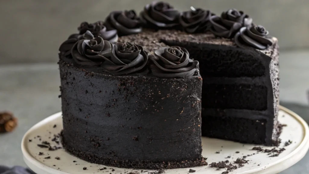 Black Velvet Halloween Cake Slice Close-Up