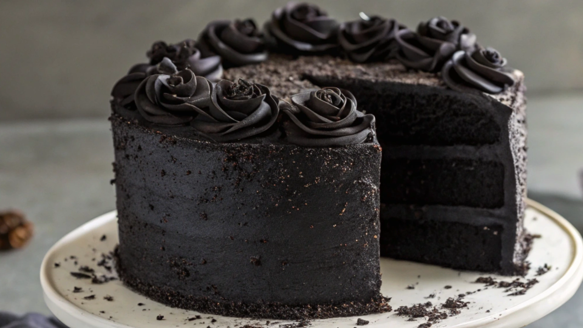 Black Velvet Halloween Cake Slice Close-Up