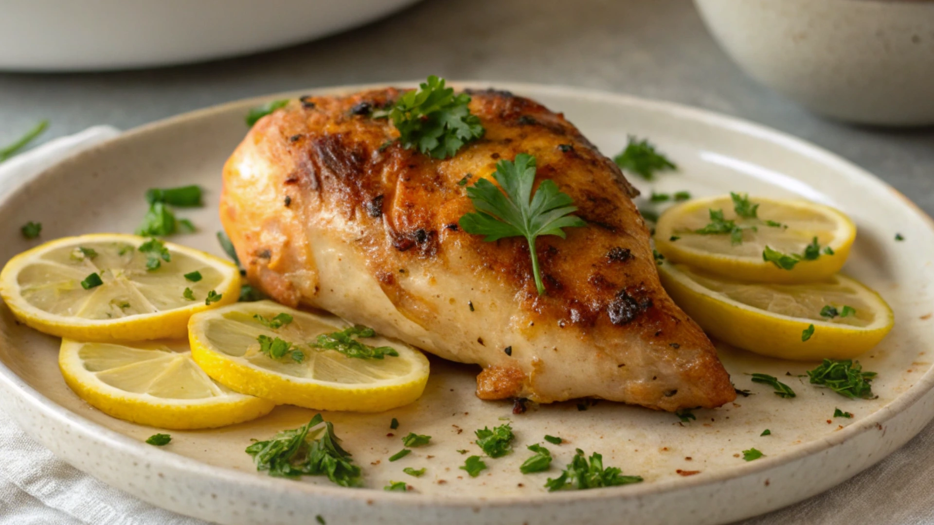 Plated Lemon Garlic Chicken with lemon slices and parsley