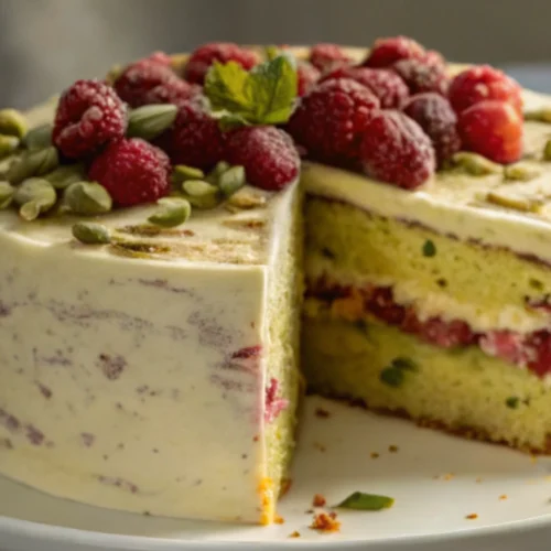 Pistachio Raspberry Cake with Fresh Tea