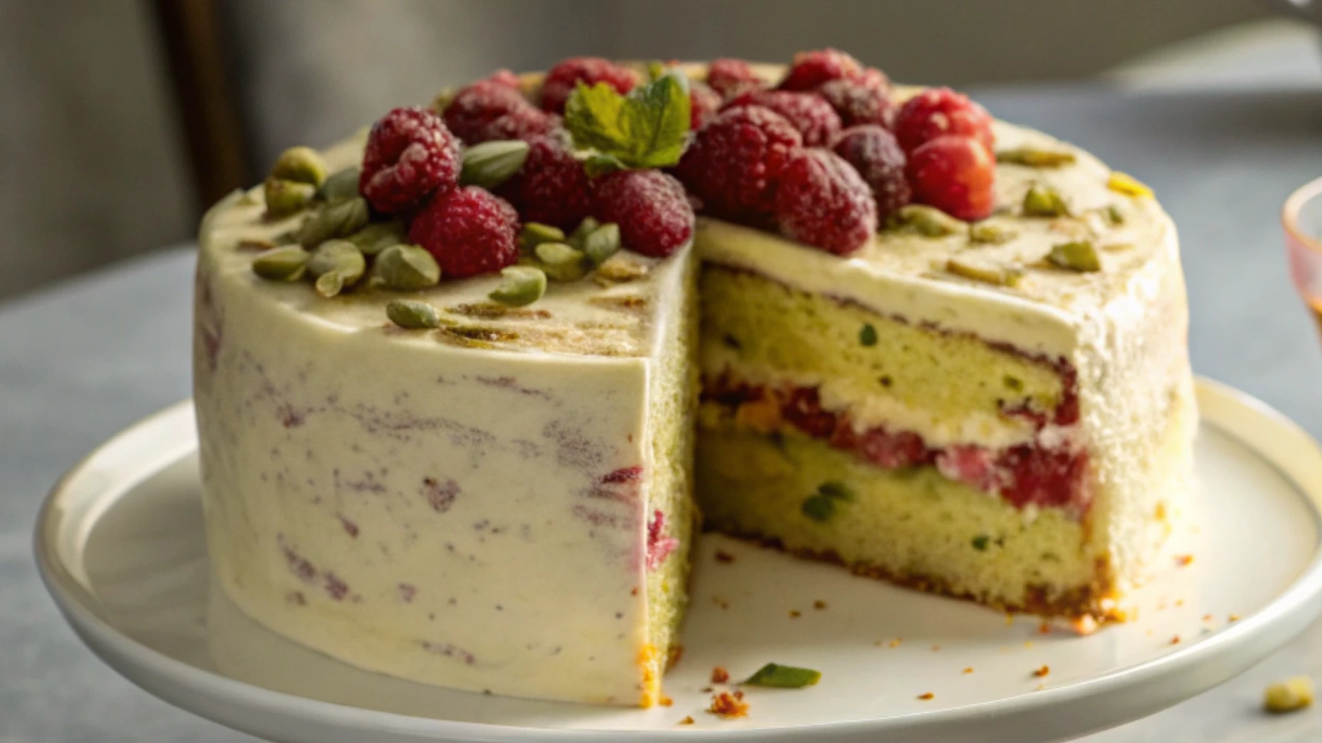 Pistachio Raspberry Cake Slice on Plate