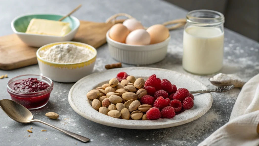 Pistachio Raspberry Cake Ingredients Flat Lay