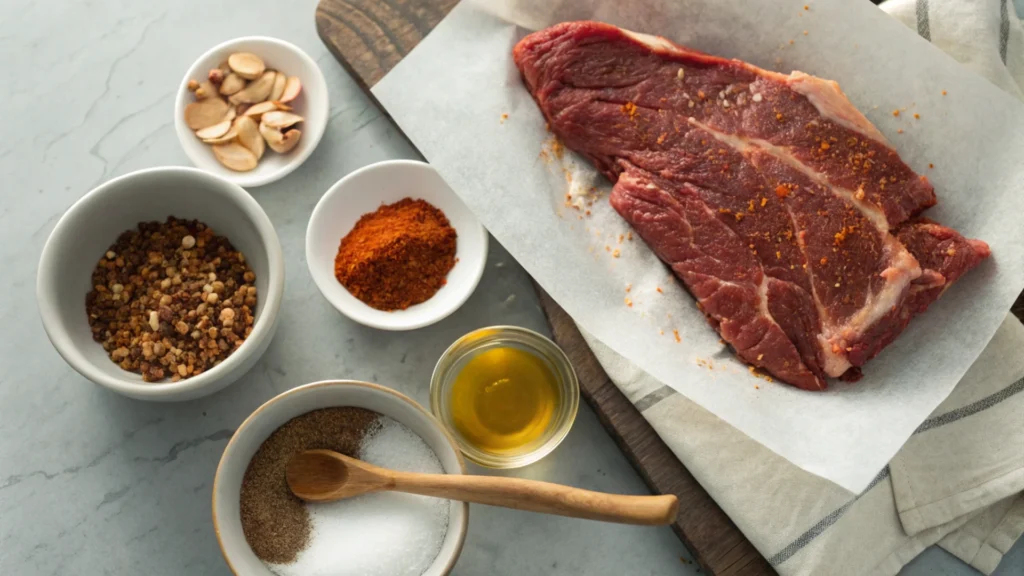Flat-lay of Raw Beef Tongue and Seasonings on Countertop