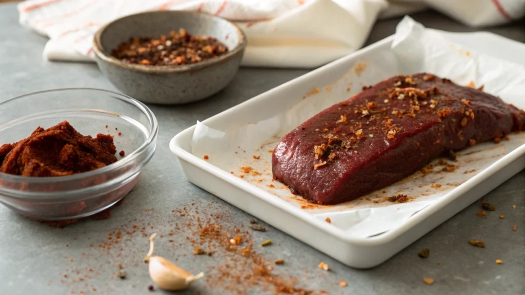 Peeled Beef Tongue Rubbed with Spice Paste on Tray