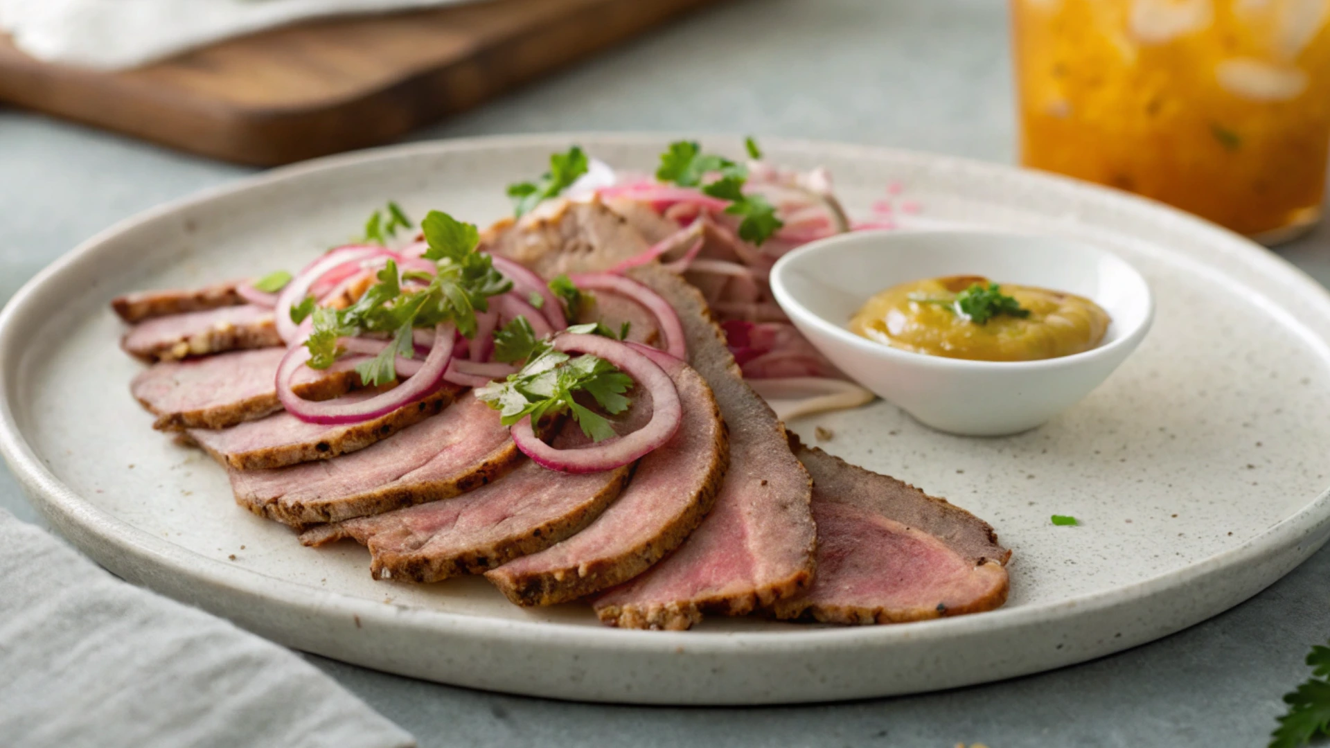 Sliced Smoked Beef Tongue with Pickled Onions and Mustard