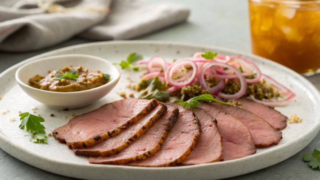Plated Sliced Smoked Beef Tongue with BBQ Garnishes