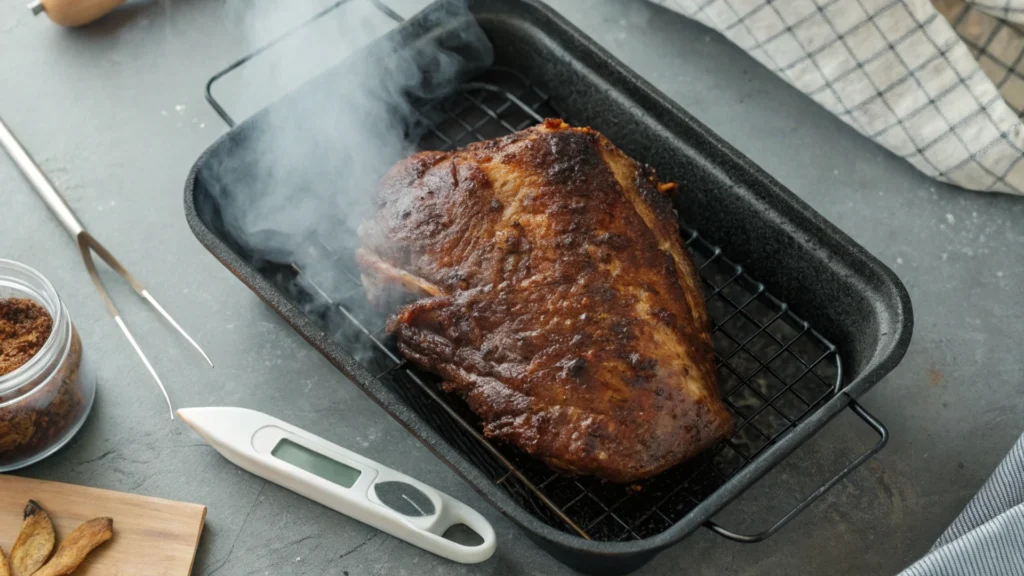 Beef Tongue in Smoker with Thermometer and Hickory Smoke