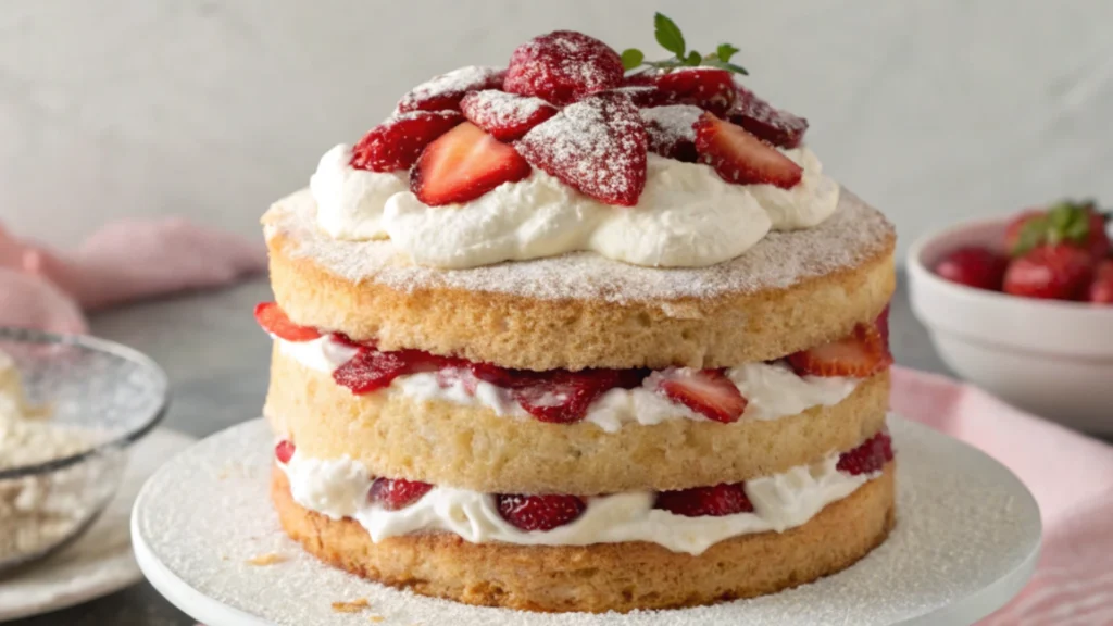 Strawberry Shortcake Layer Cake on White Plate