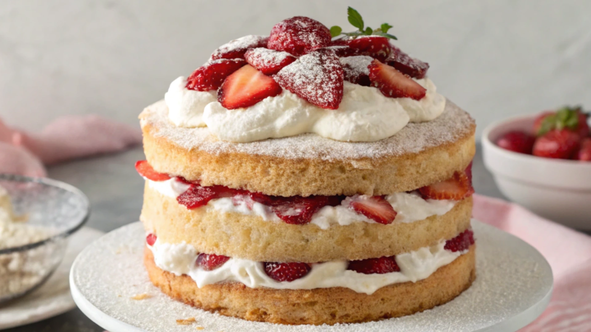 Strawberry Shortcake Layer Cake on White Plate