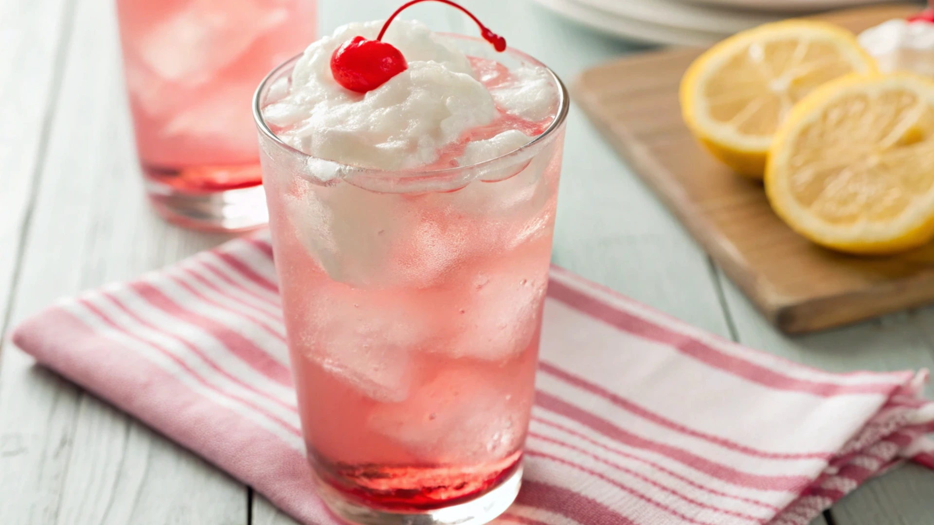 Whipped Pink Lemonade with Cherry and Lemon Garnish