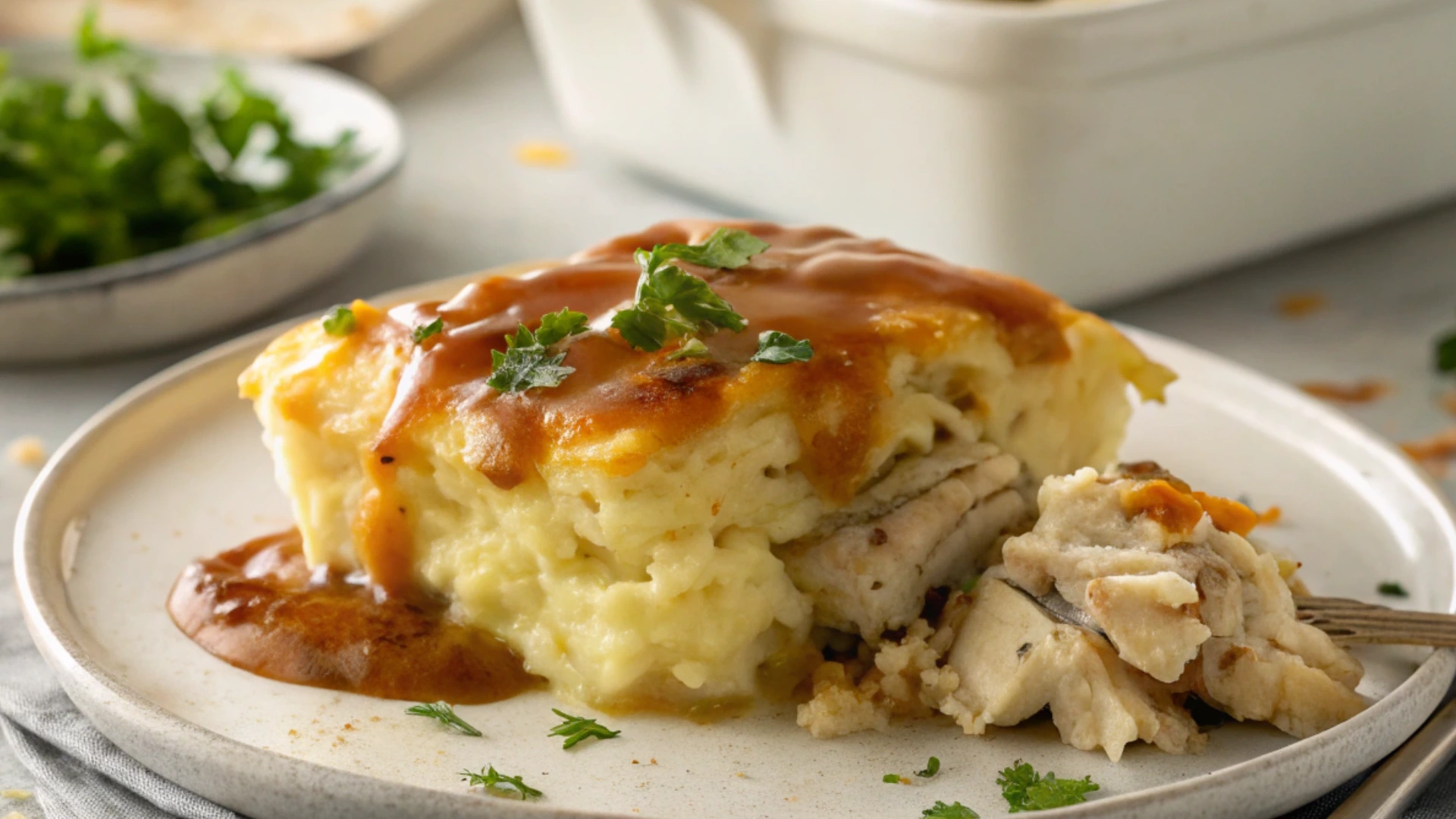 Hearty Chicken Mashed Potato Casserole with Gravy